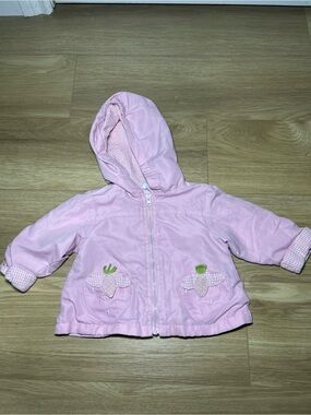 Baby Pink Hooded Strawberry Appliqué Raincoat